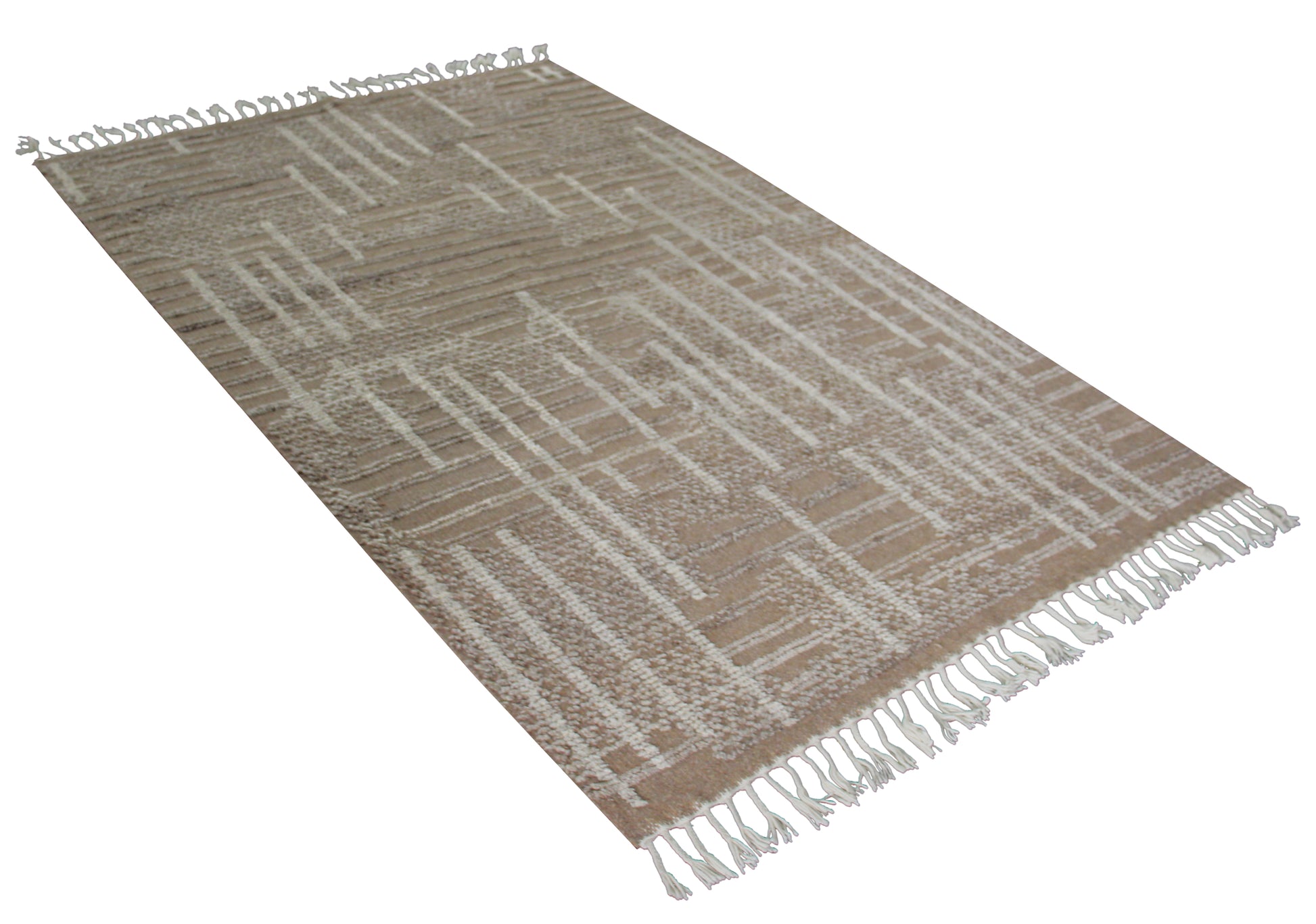 Hand Knotted Beige and Ivory Geometric Rug - Modern Area Rug 5.6x8.6 Feet 