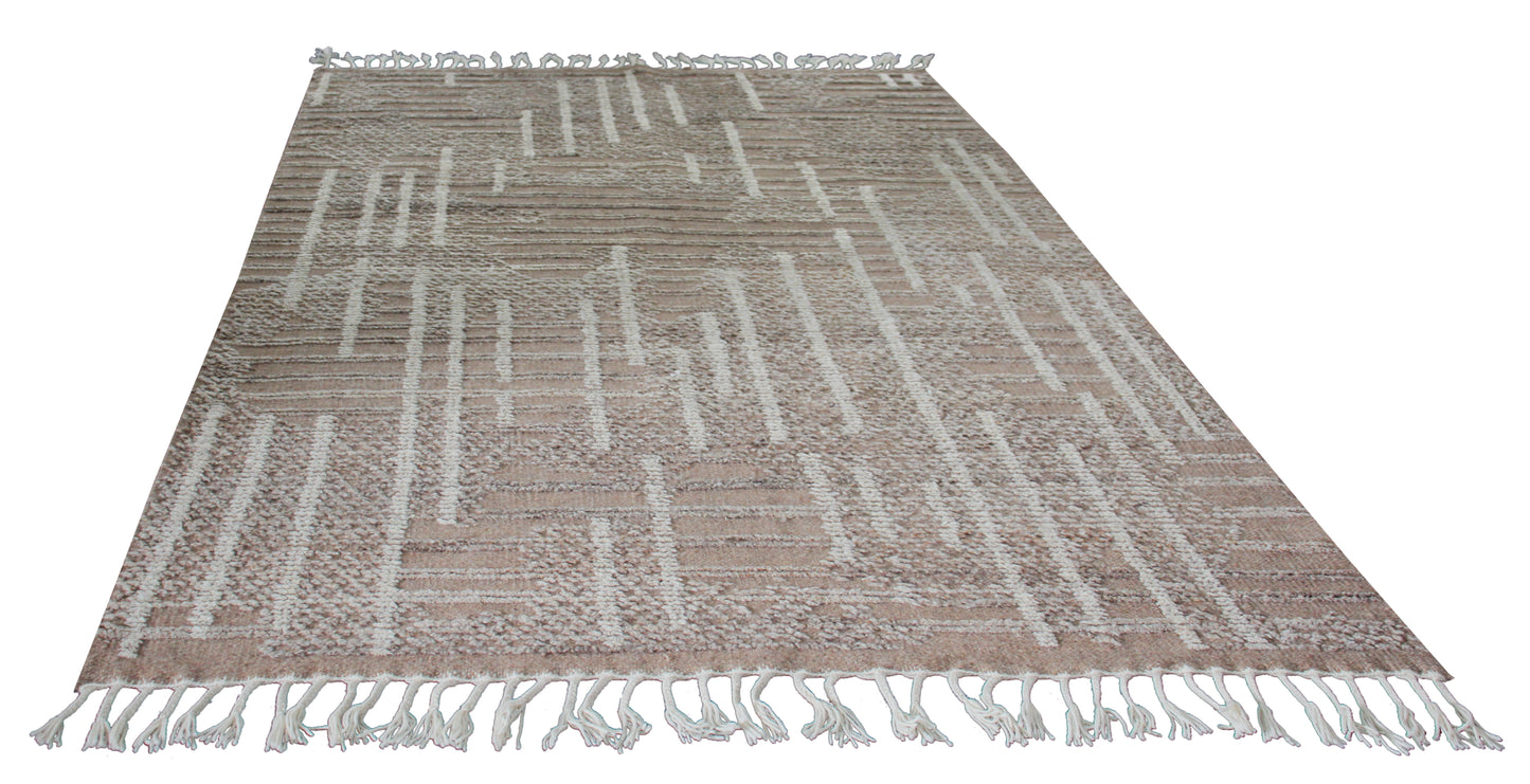 Hand Knotted Beige and Ivory Geometric Rug - Modern Area Rug 5.6x8.6 Feet 