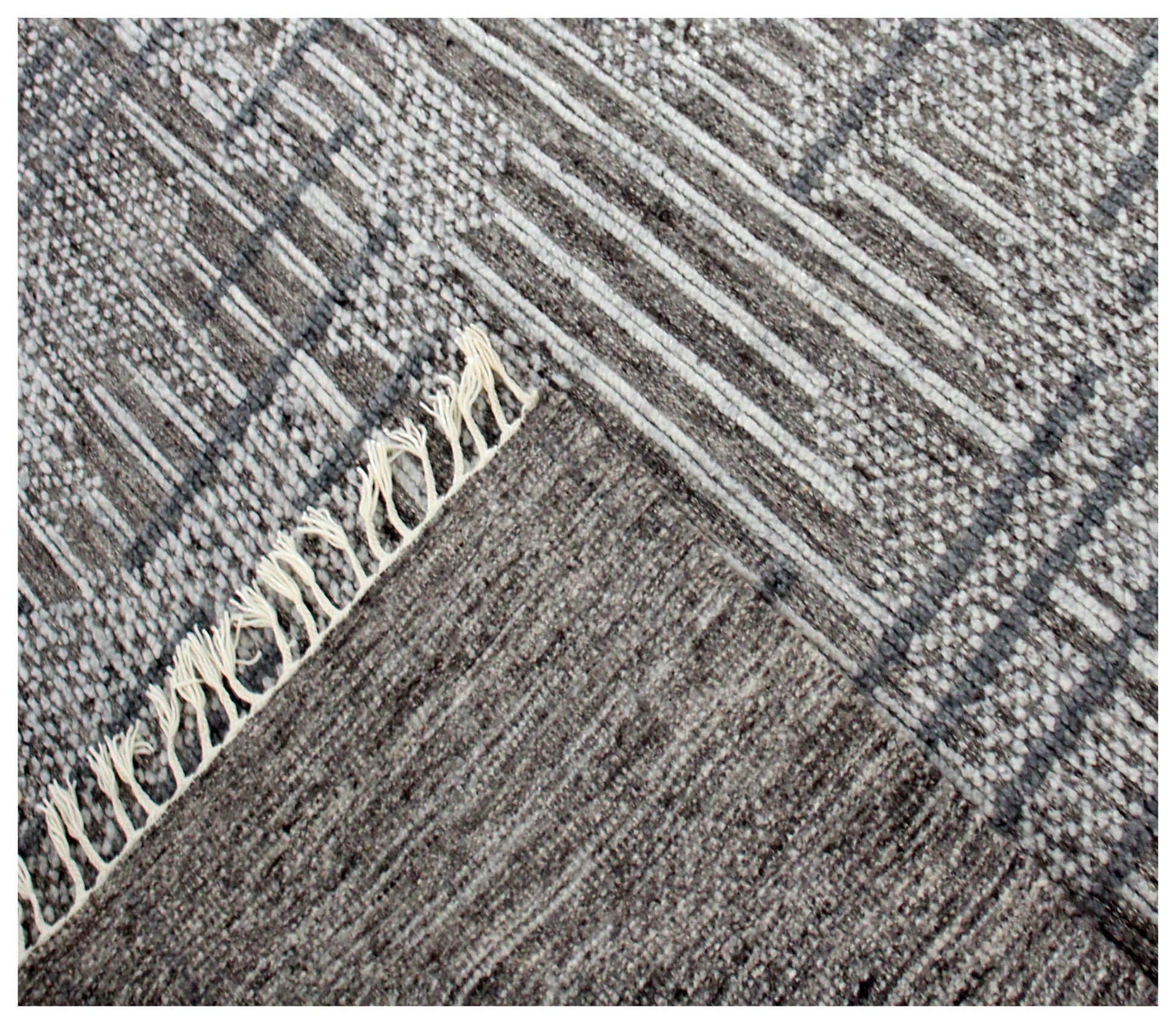 Hand Knotted Brown Ivory Charcoal Striped Rug - Hand Carved Texture 5.6x8 