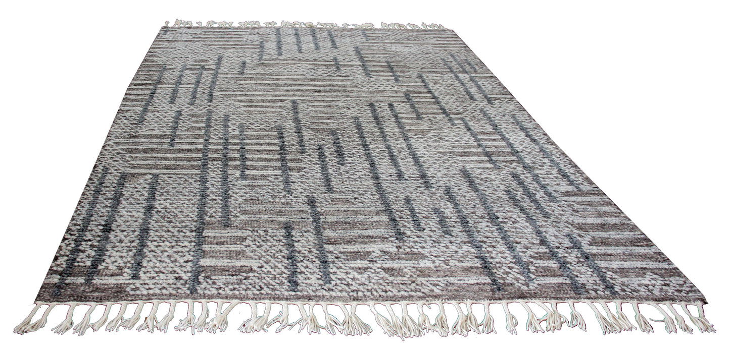 Hand Knotted Brown Ivory Charcoal Striped Rug - Hand Carved Texture 5.6x8 