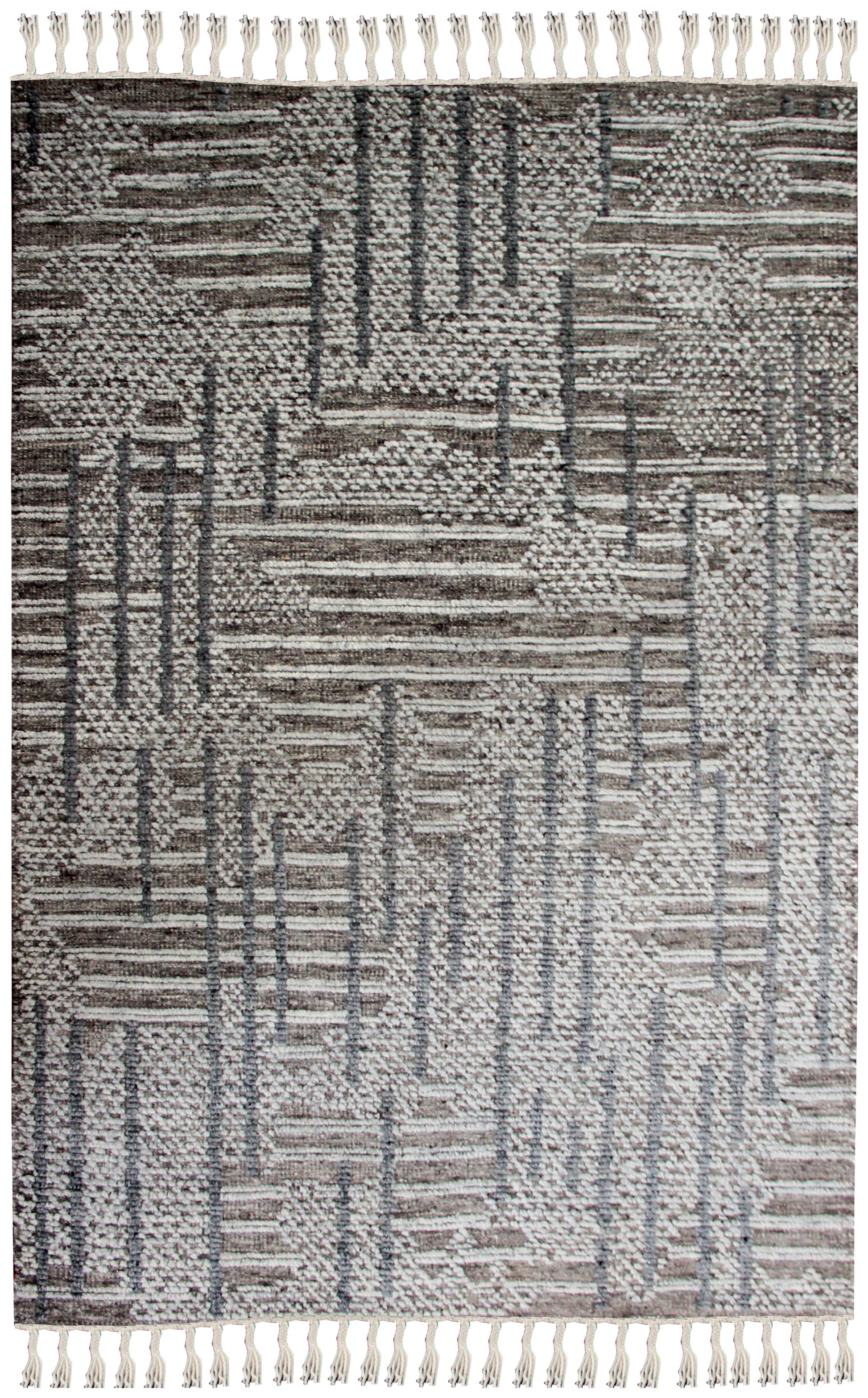 Hand Knotted Brown Ivory Charcoal Striped Rug - Hand Carved Texture 5.6x8 