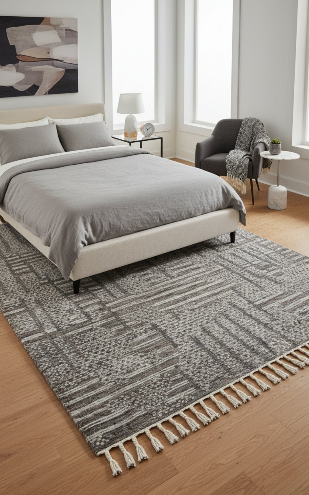 Hand Knotted Brown Ivory Charcoal Striped Rug - Hand Carved Texture 5.6x8 