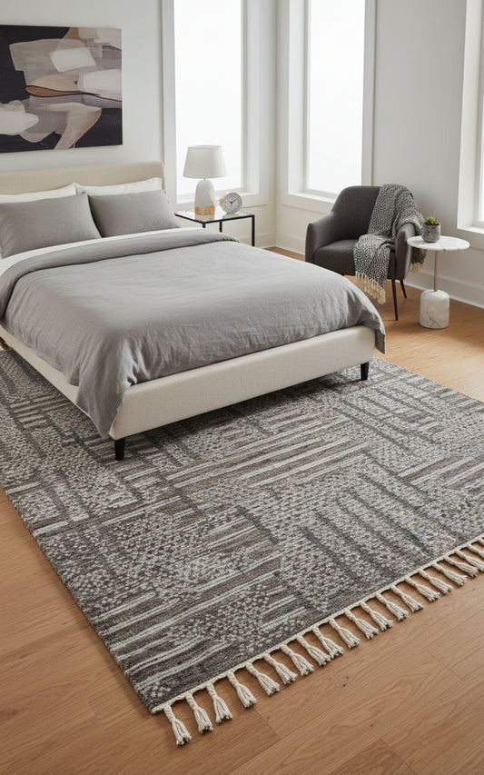 Hand Knotted Brown Ivory Charcoal Striped Rug - Hand Carved Texture 5.6x8