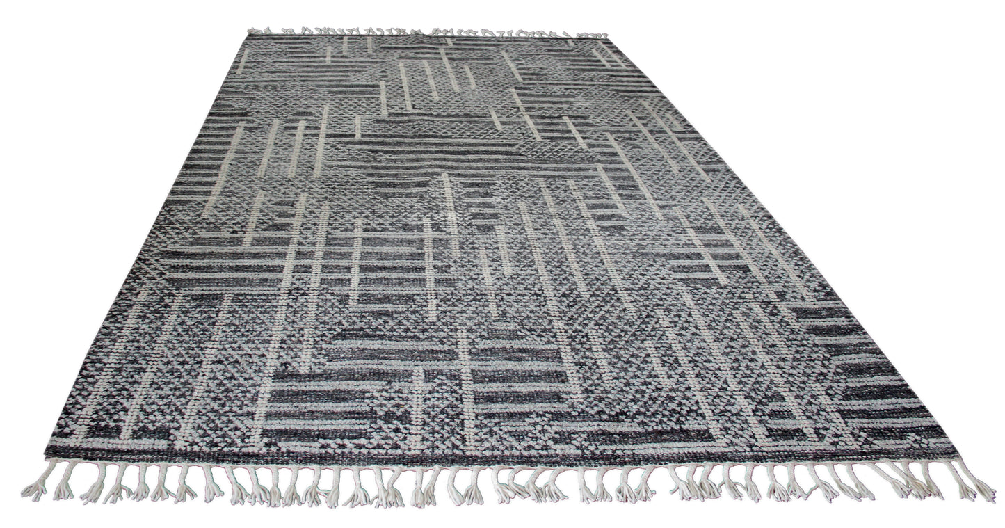 Hand Knotted Geometric Patchwork Rug - Black Gray and Ivory Area Rug 5x8.6 Feet 