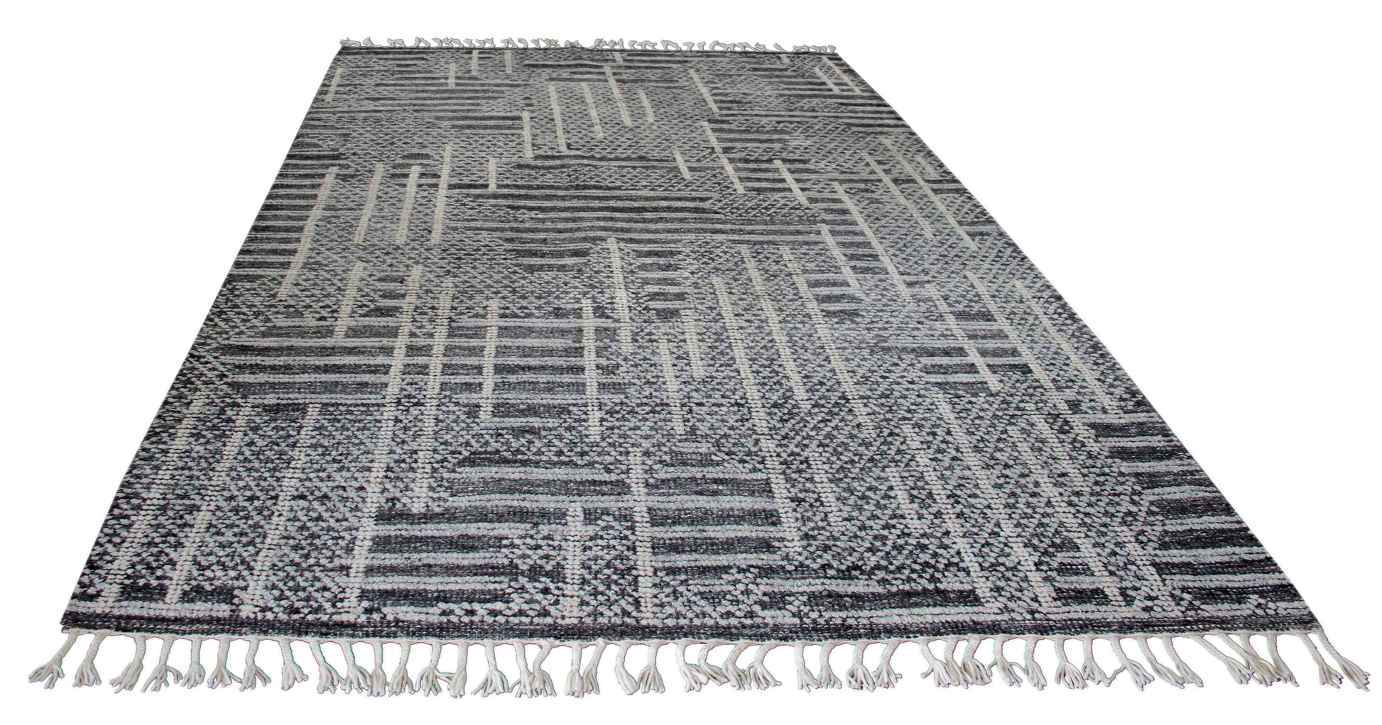 Hand Knotted Geometric Patchwork Rug - Black Gray and Ivory Area Rug 5x8.6 Feet 