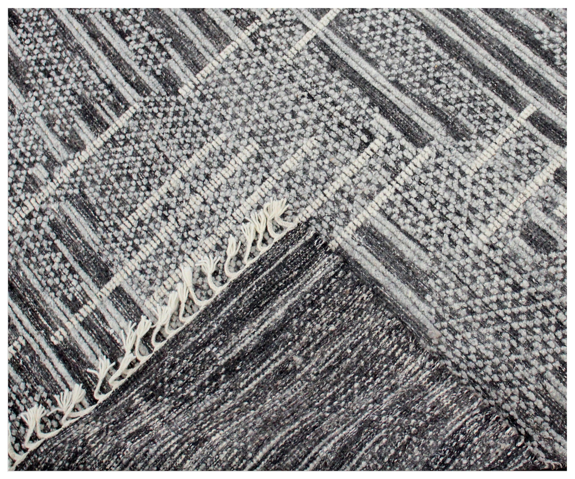 Hand Knotted Geometric Patchwork Rug - Black Gray and Ivory Area Rug 5x8.6 Feet 