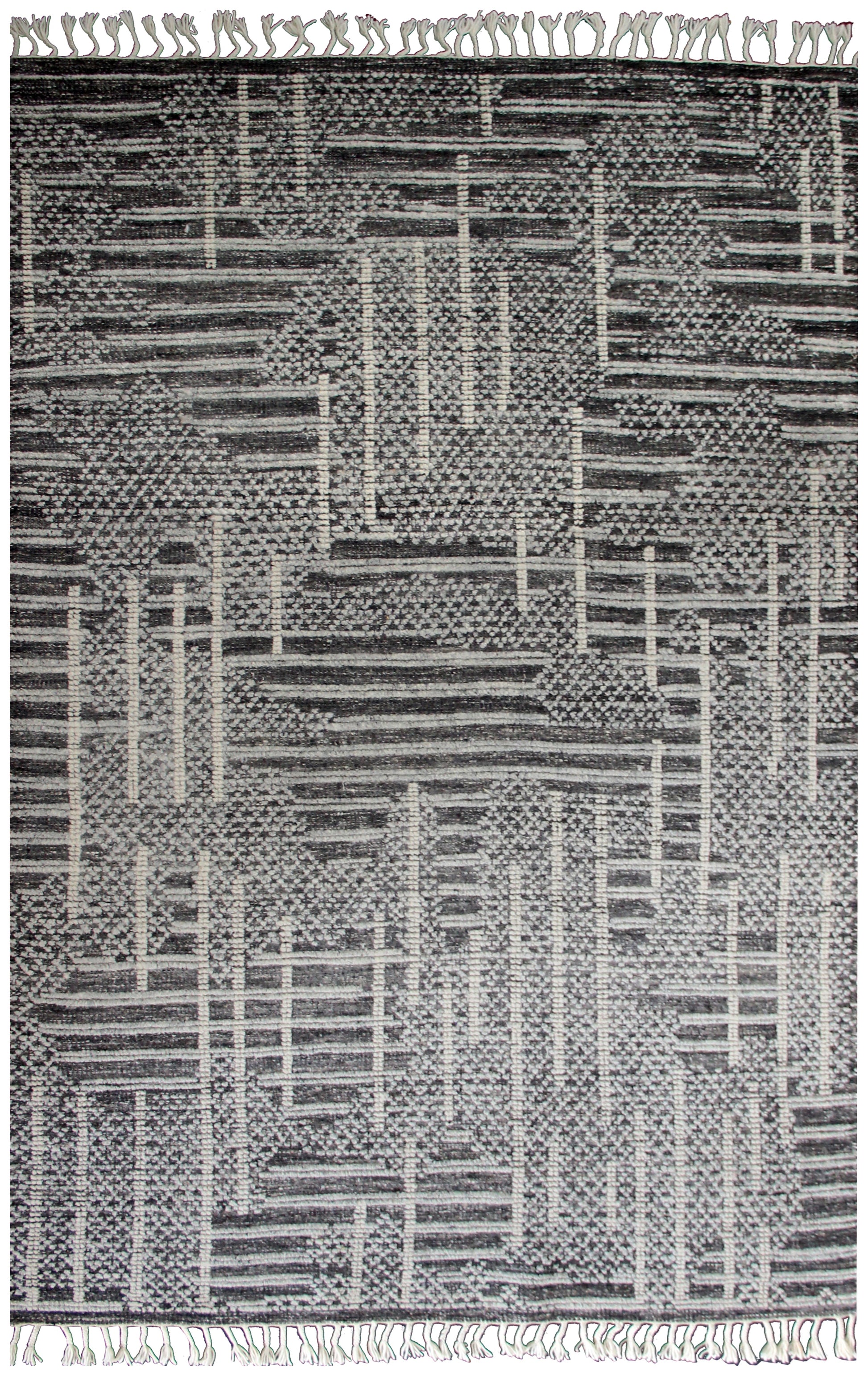 Hand Knotted Geometric Patchwork Rug - Black Gray and Ivory Area Rug 5x8.6 Feet 