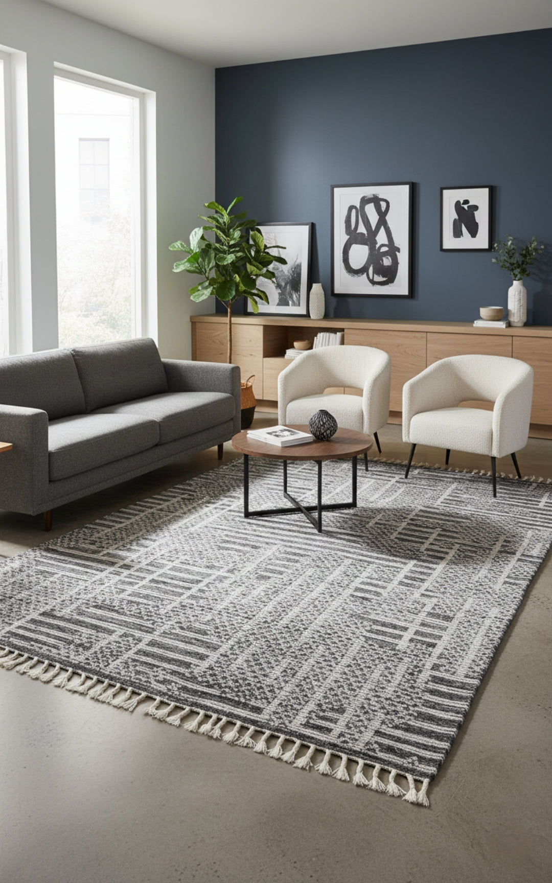 Hand Knotted Geometric Patchwork Rug - Black Gray and Ivory Area Rug 5x8.6 Feet 