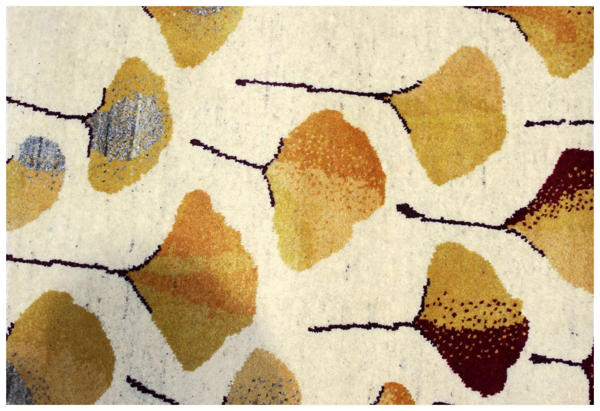 Hand Knotted Ginkgo Leaf Wool Rug 8x10 - Ivory, Green & Rust Multi