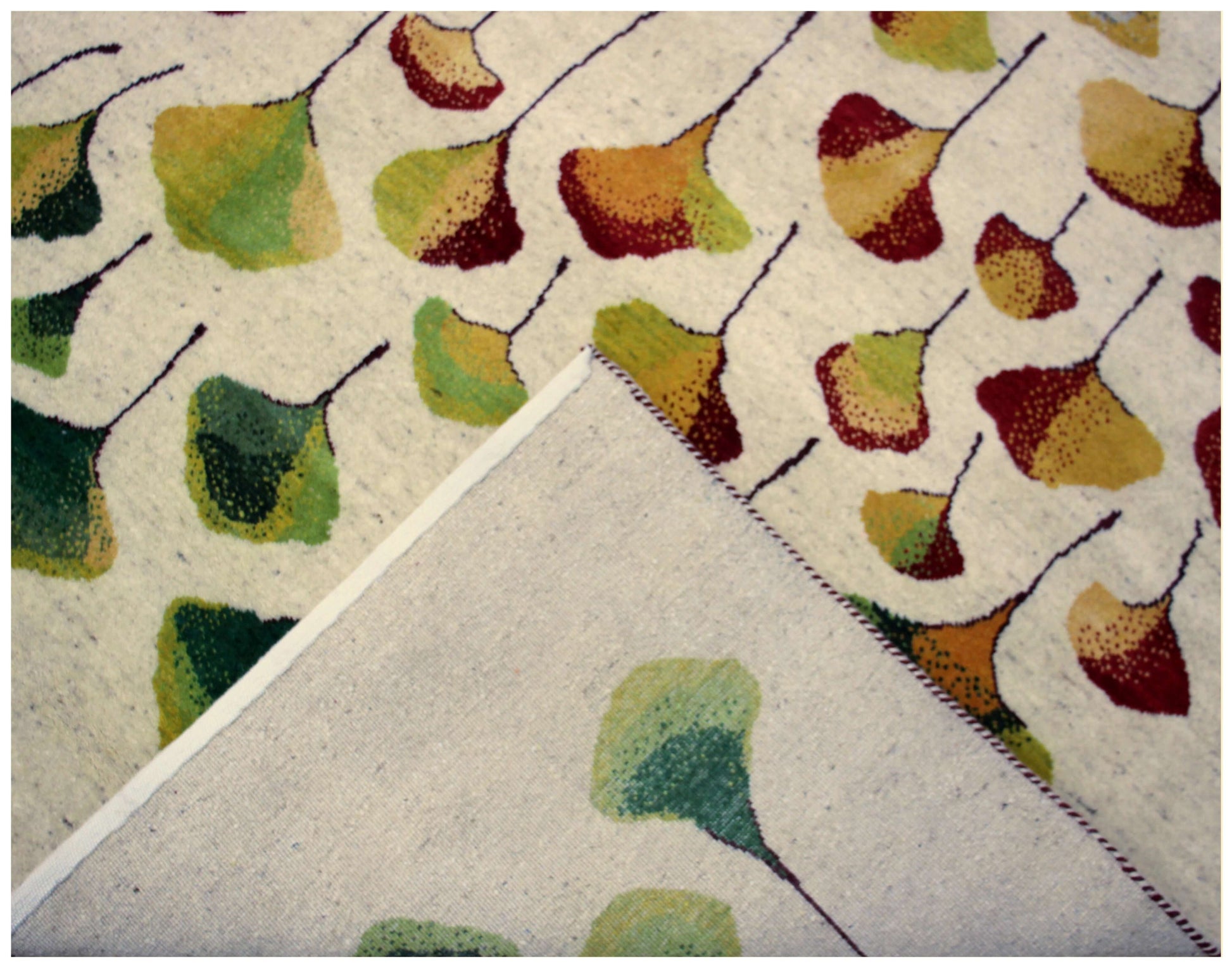Hand Knotted Ginkgo Leaf Wool Rug 8x10 - Ivory, Green & Rust Multi