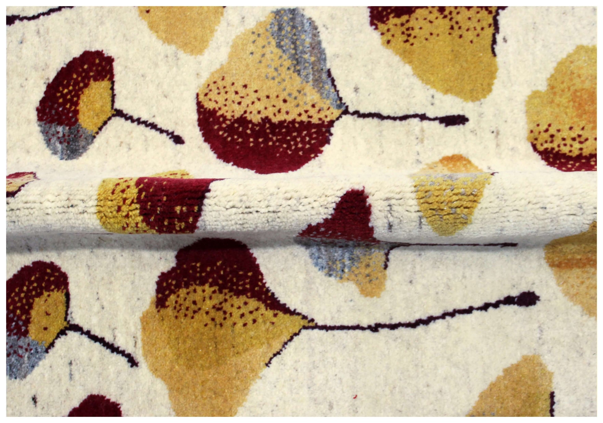 Hand Knotted Ginkgo Leaf Wool Rug 8x10 - Ivory, Green & Rust Multi