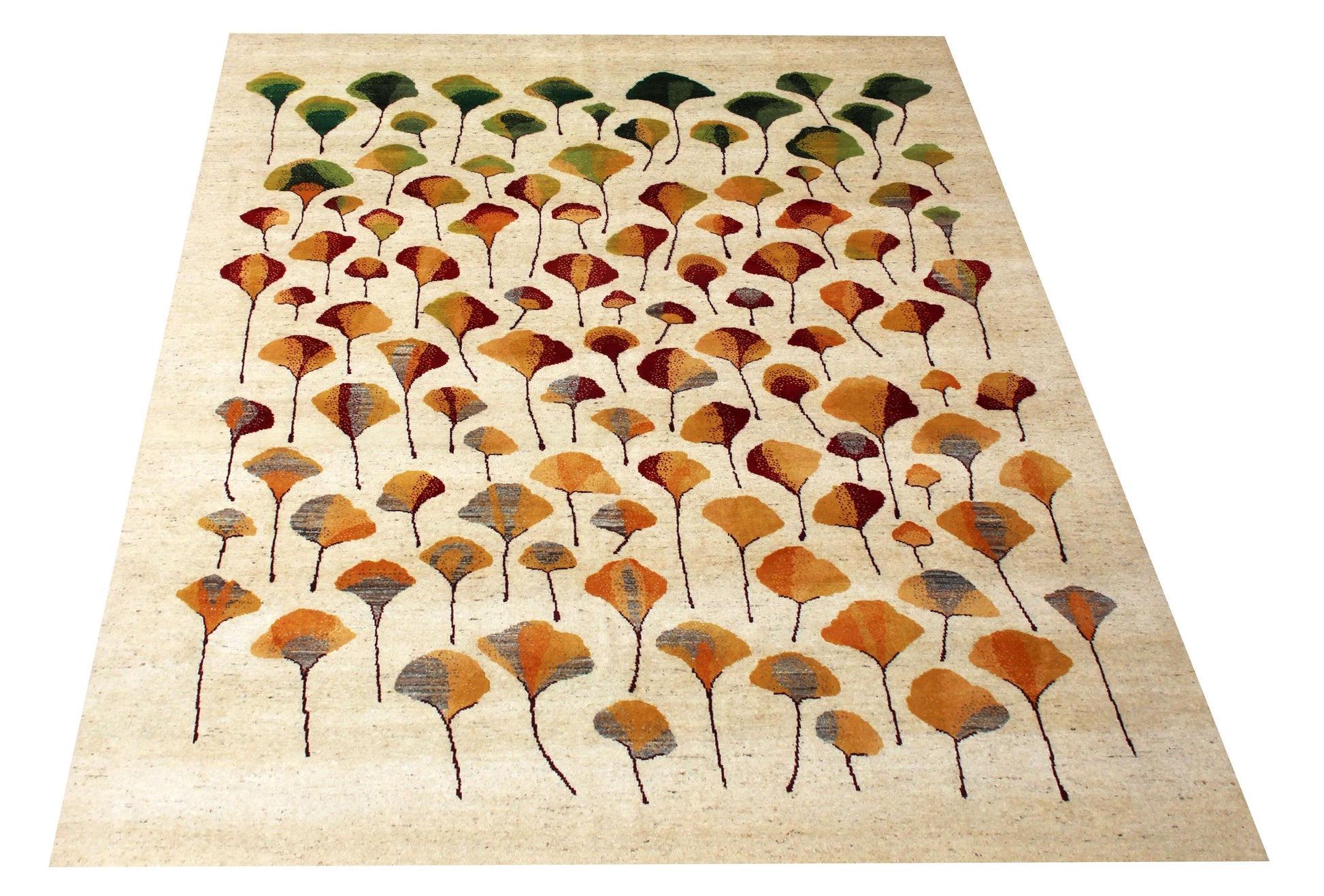 Hand Knotted Ginkgo Leaf Wool Rug 8x10 - Ivory, Green & Rust Multi