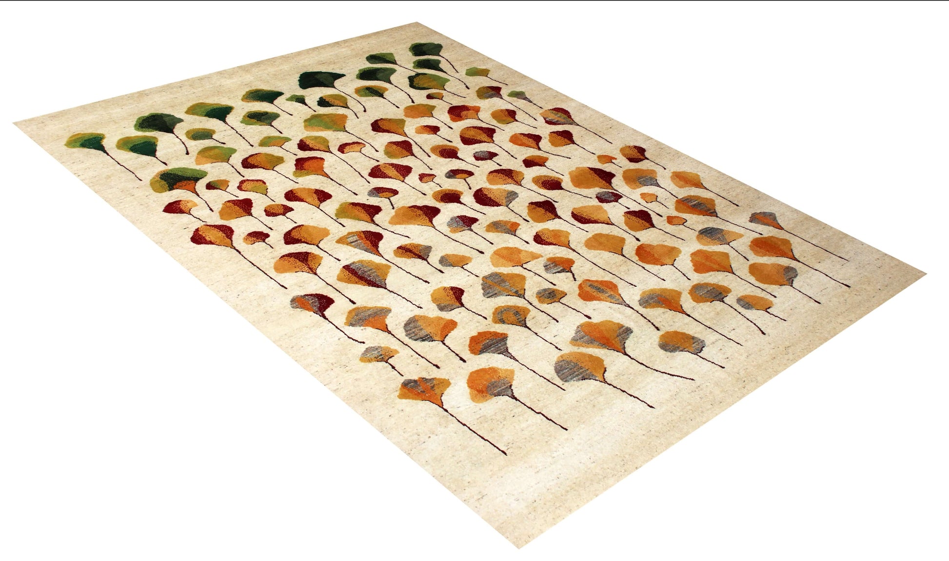 Hand Knotted Ginkgo Leaf Wool Rug 8x10 - Ivory, Green & Rust Multi