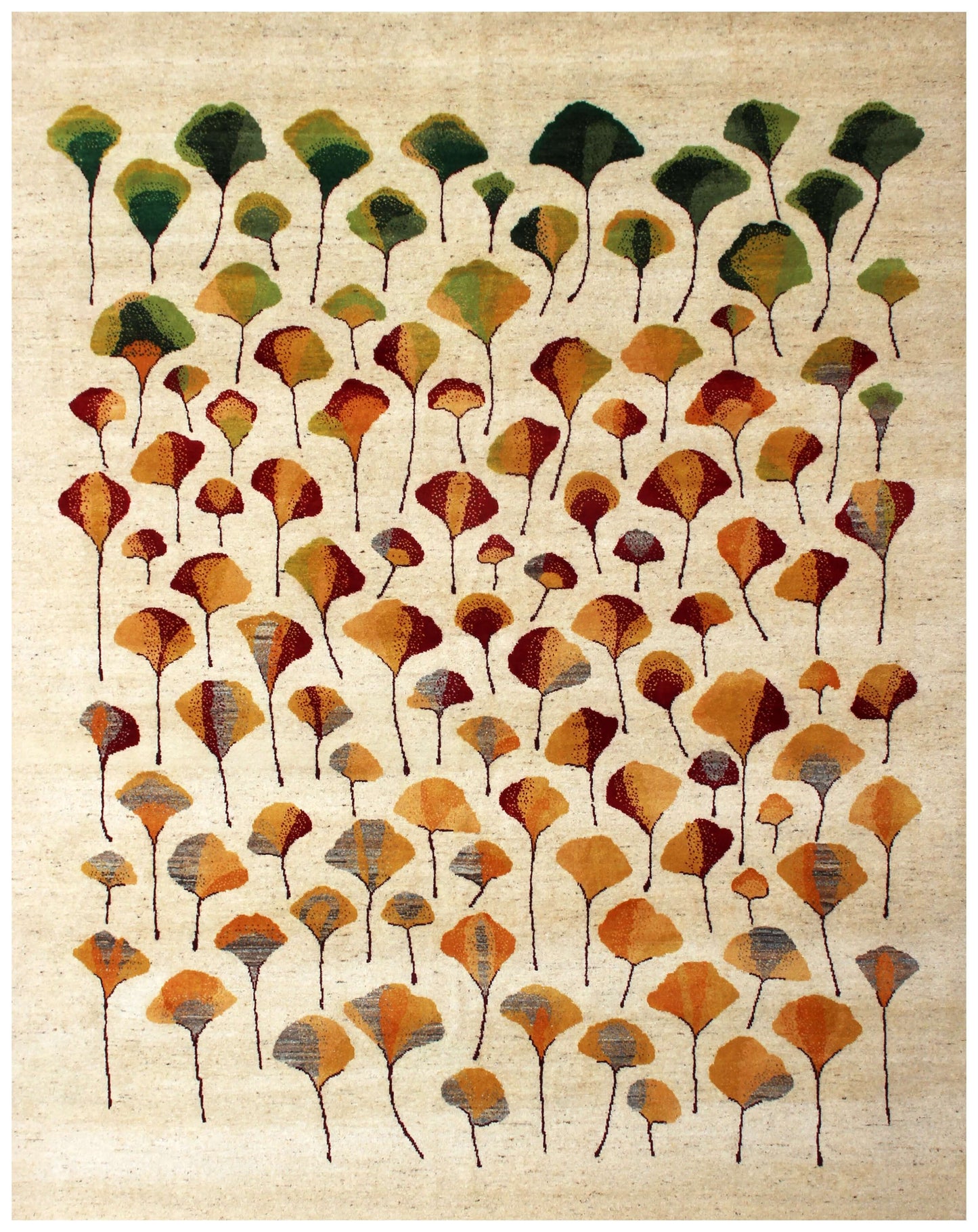 Hand Knotted Ginkgo Leaf Wool Rug 8x10 - Ivory, Green & Rust Multi