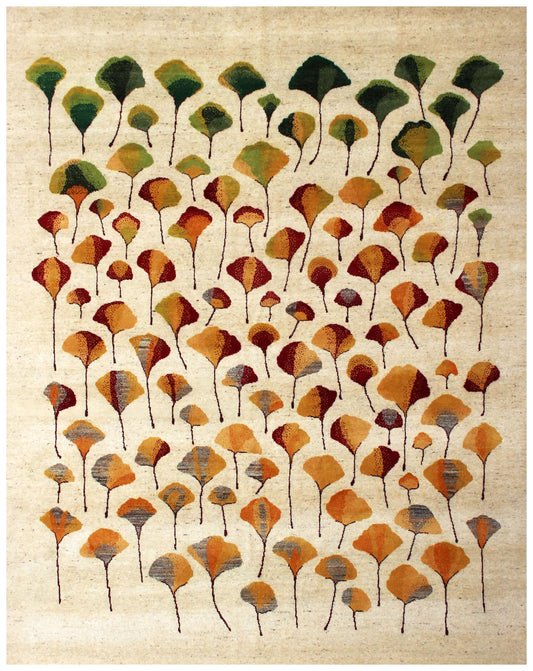 Hand Knotted Ginkgo Leaf Wool Rug 8x10 - Ivory, Green & Rust Multi 
