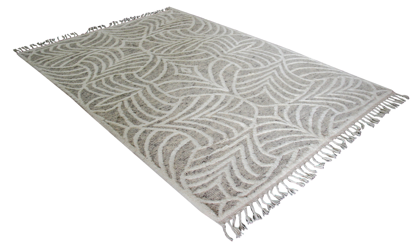 Hand Knotted Ivory Beige Gray Swirl Rug - Hand Carved Texture 5.6x8.6 Feet 