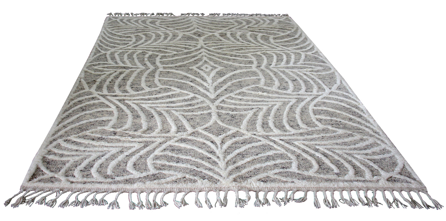 Hand Knotted Ivory Beige Gray Swirl Rug - Hand Carved Texture 5.6x8.6 Feet 