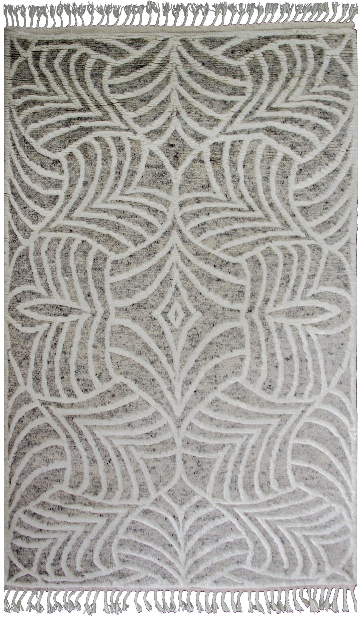 Hand Knotted Ivory Beige Gray Swirl Rug - Hand Carved Texture 5.6x8.6 Feet 