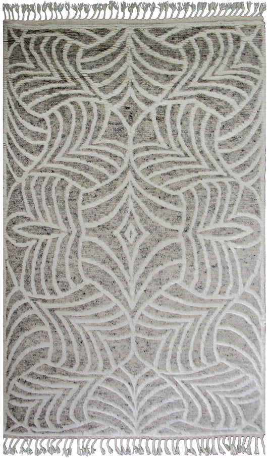 Hand Knotted Ivory Beige Gray Swirl Rug - Hand Carved Texture 5.6x8.6 Feet 