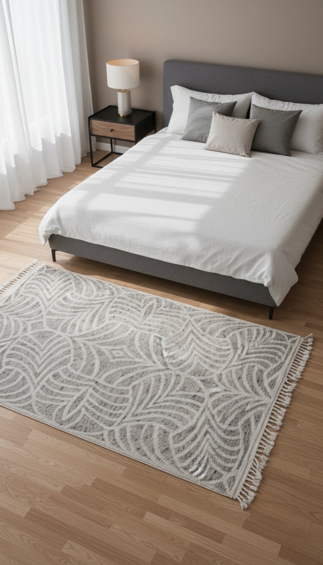 Hand Knotted Ivory Beige Gray Swirl Rug - Hand Carved Texture 5.6x8.6 Feet 