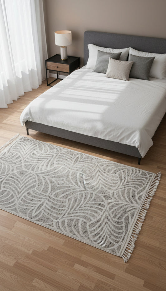 Hand Knotted Ivory Beige Gray Swirl Rug - Hand Carved Texture 5.6x8.6 Feet