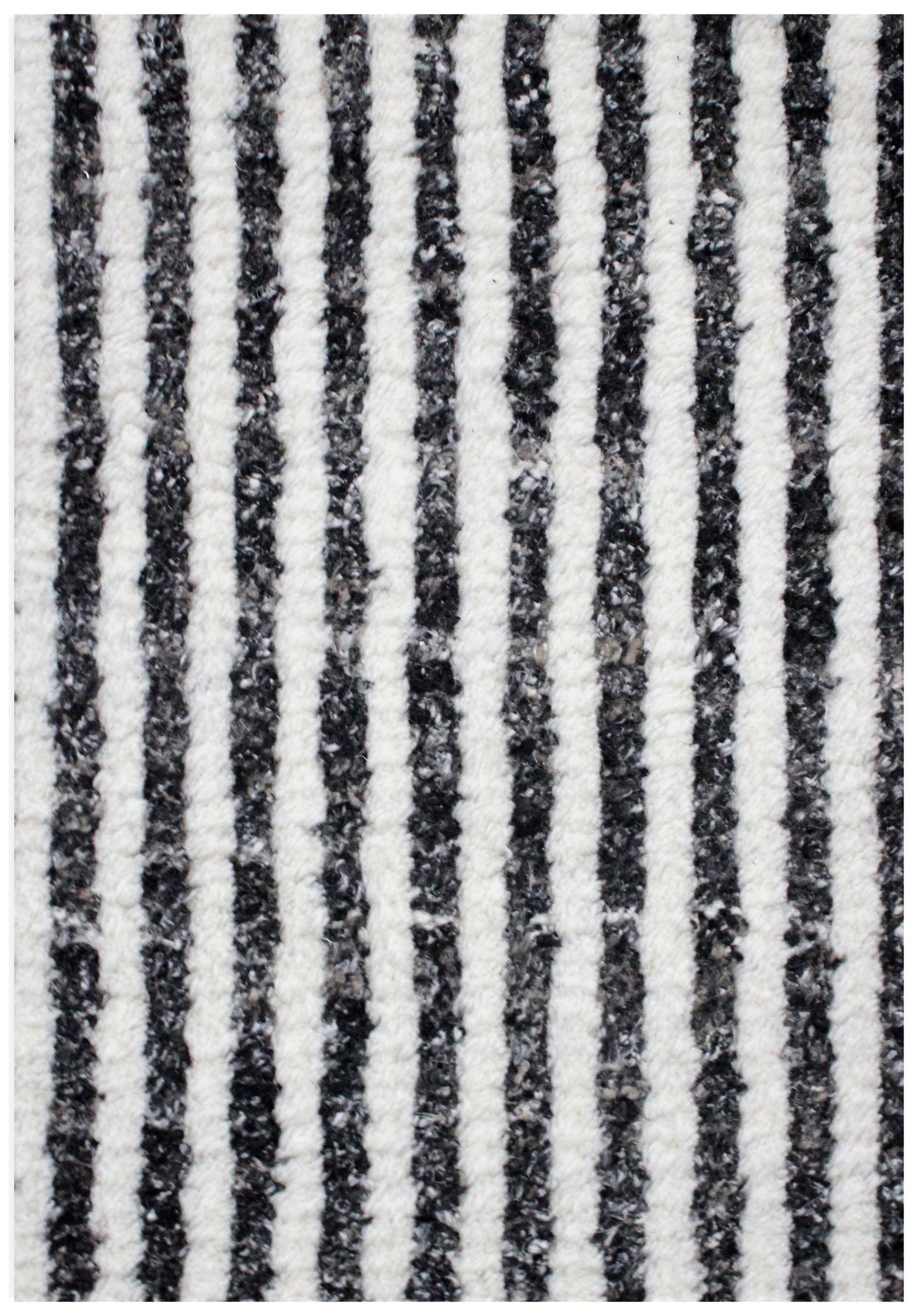 Hand Knotted Ivory Black Horizontal Striped Rug - Modern Hand Carved Texture 5.6x8.6 