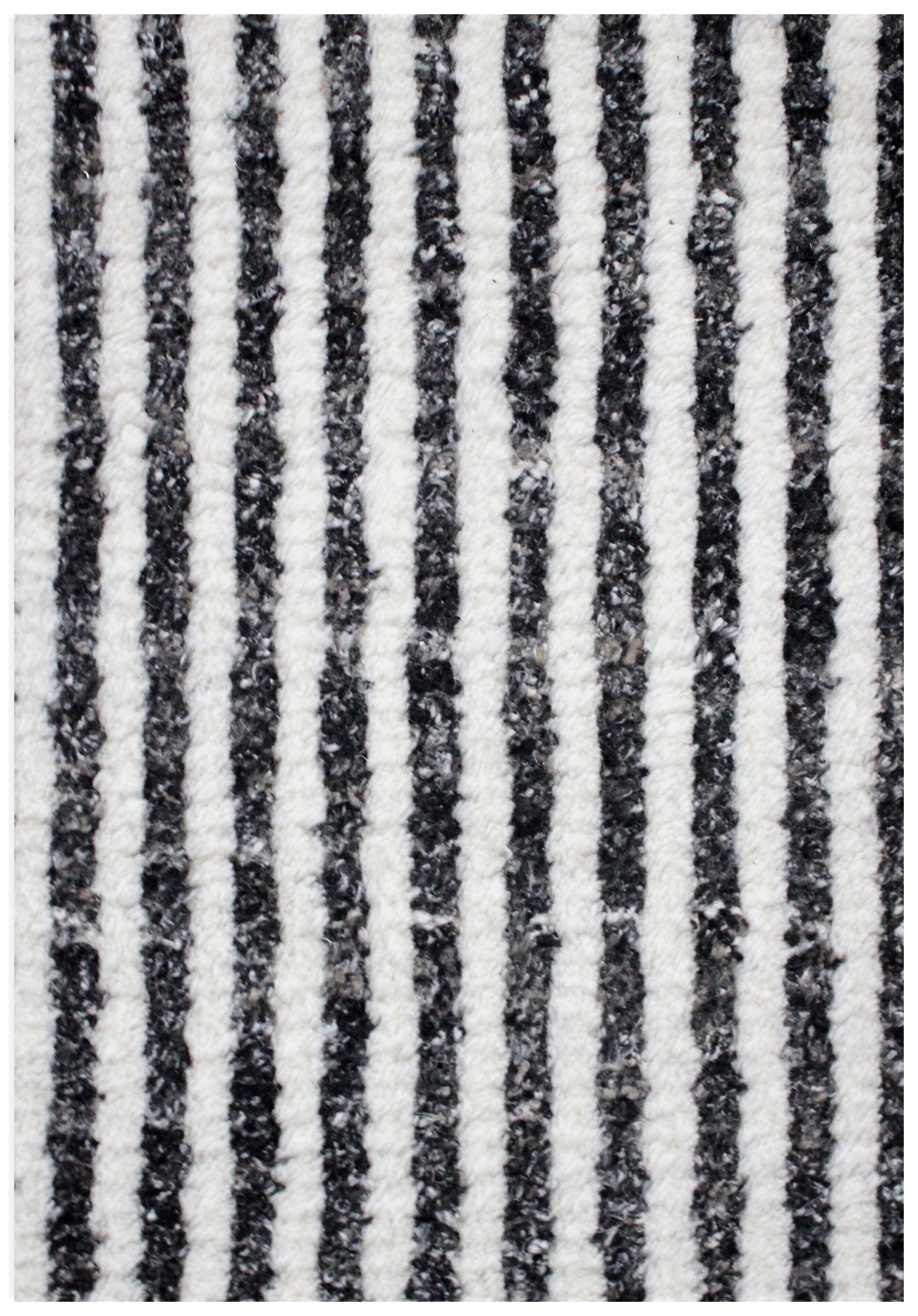 Hand Knotted Ivory Black Horizontal Striped Rug - Modern Hand Carved Texture 5.6x8.6 