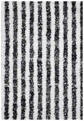 Hand Knotted Ivory Black Horizontal Striped Rug - Modern Hand Carved Texture 5.6x8.6