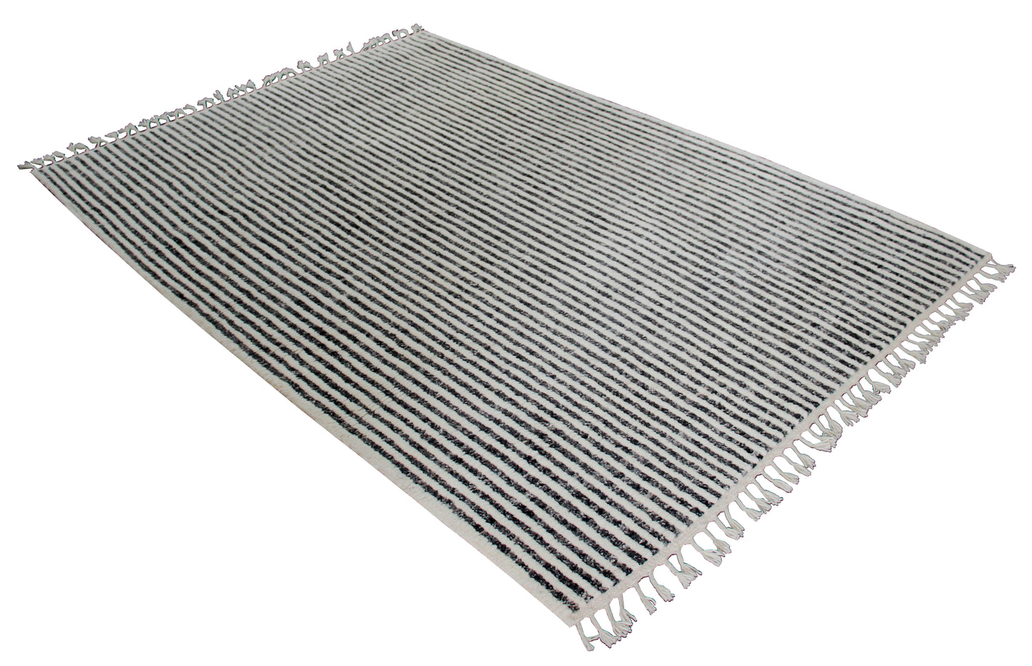 Hand Knotted Ivory Black Horizontal Striped Rug - Modern Hand Carved Texture 5.6x8.6 