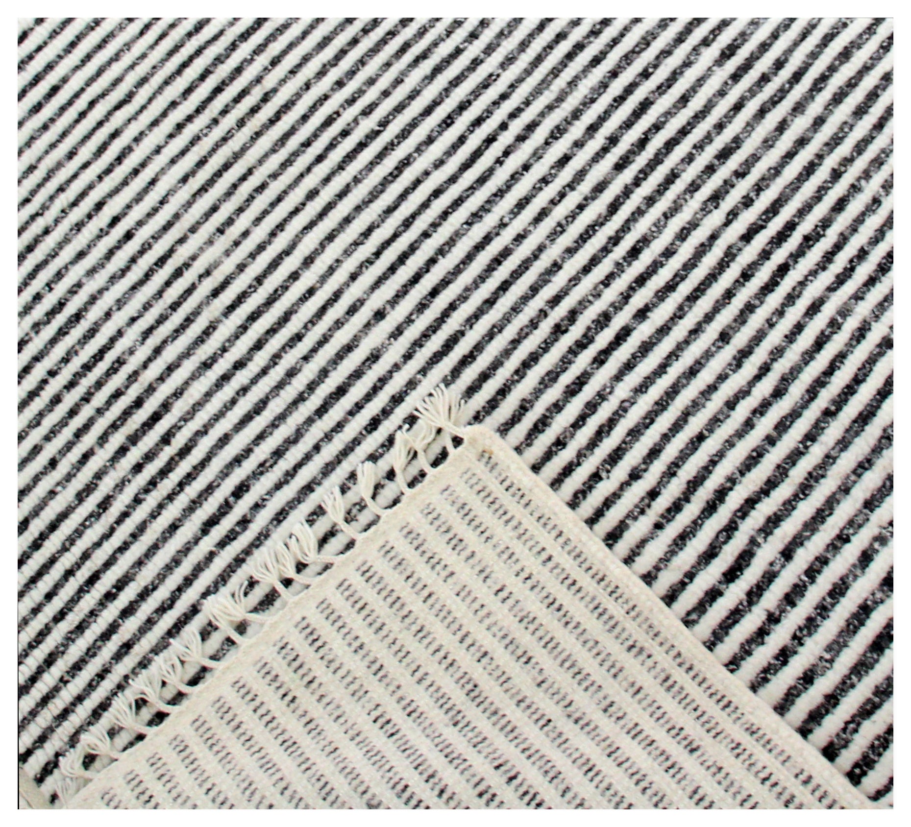 Hand Knotted Ivory Black Horizontal Striped Rug - Modern Hand Carved Texture 5.6x8.6 