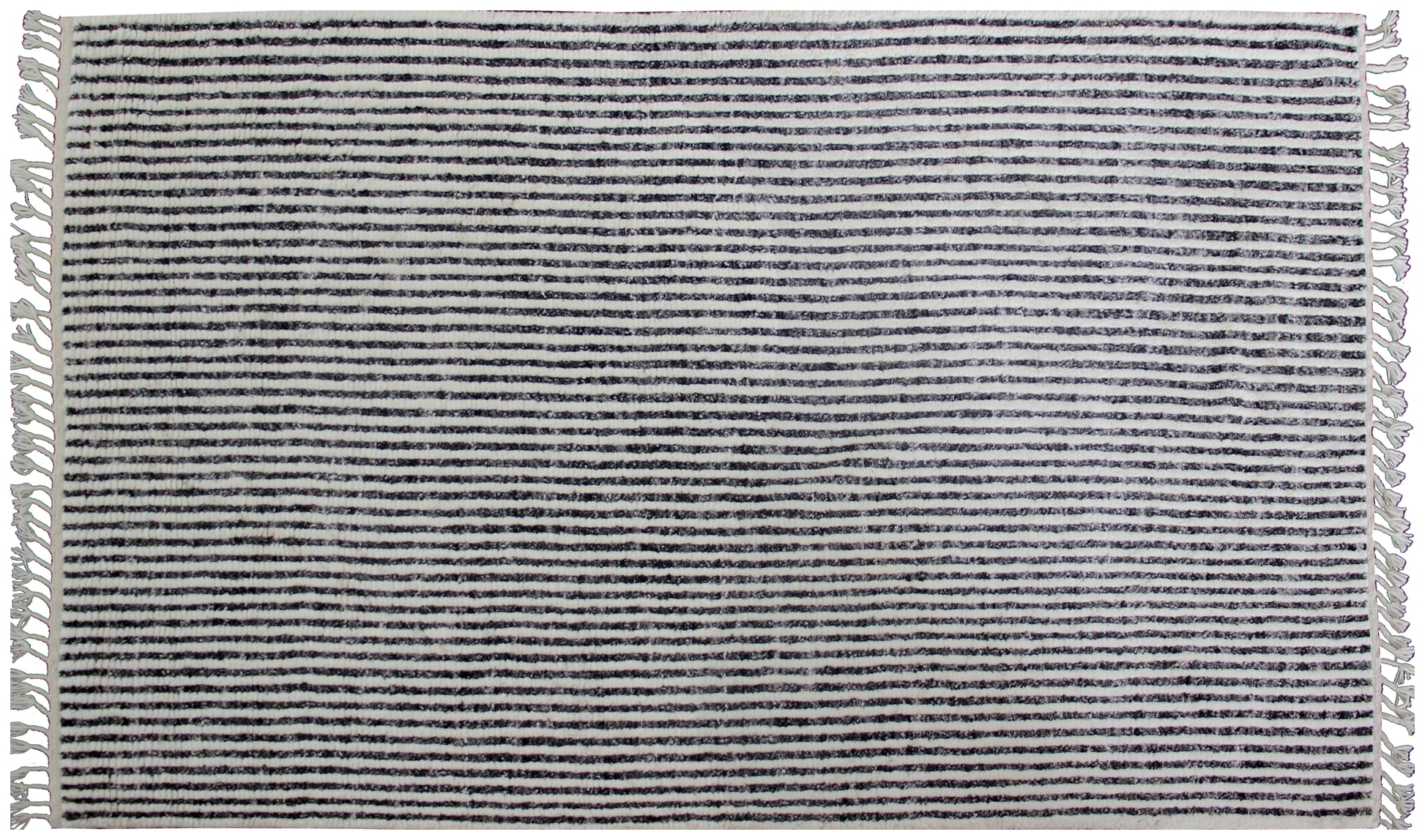 Hand Knotted Ivory Black Horizontal Striped Rug - Modern Hand Carved Texture 5.6x8.6 