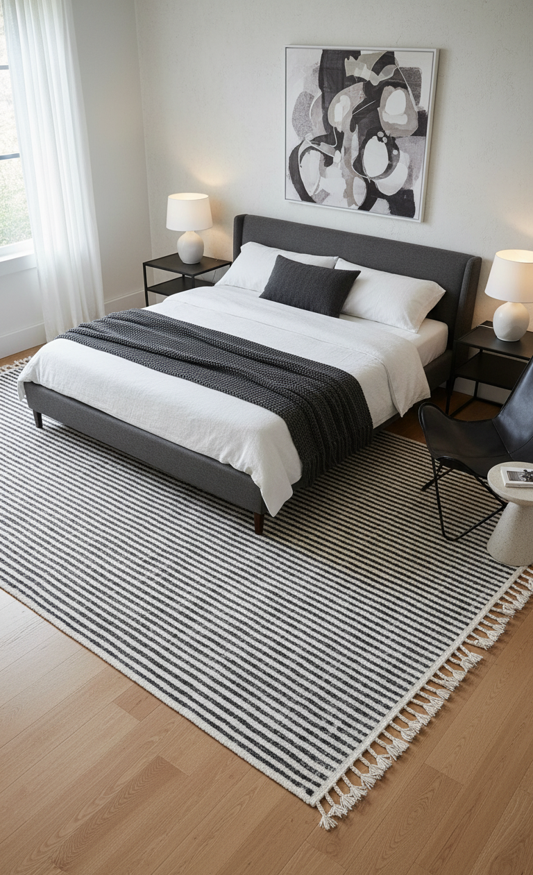 Hand Knotted Ivory Black Horizontal Striped Rug - Modern Hand Carved Texture 5.6x8.6 