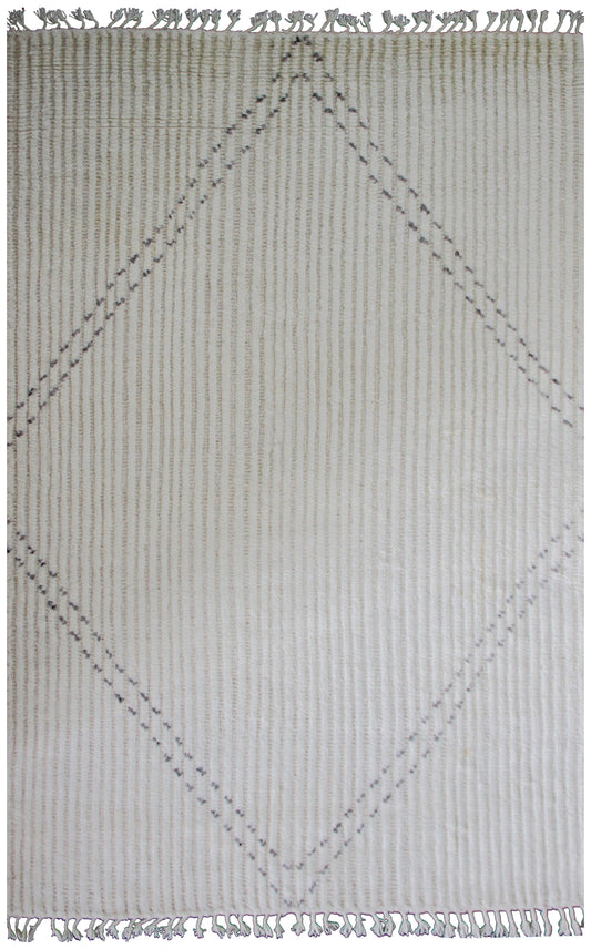 Hand Knotted Ivory Black Striped Rug - Hand Carved Texture 5.6x8.6 Feet 
