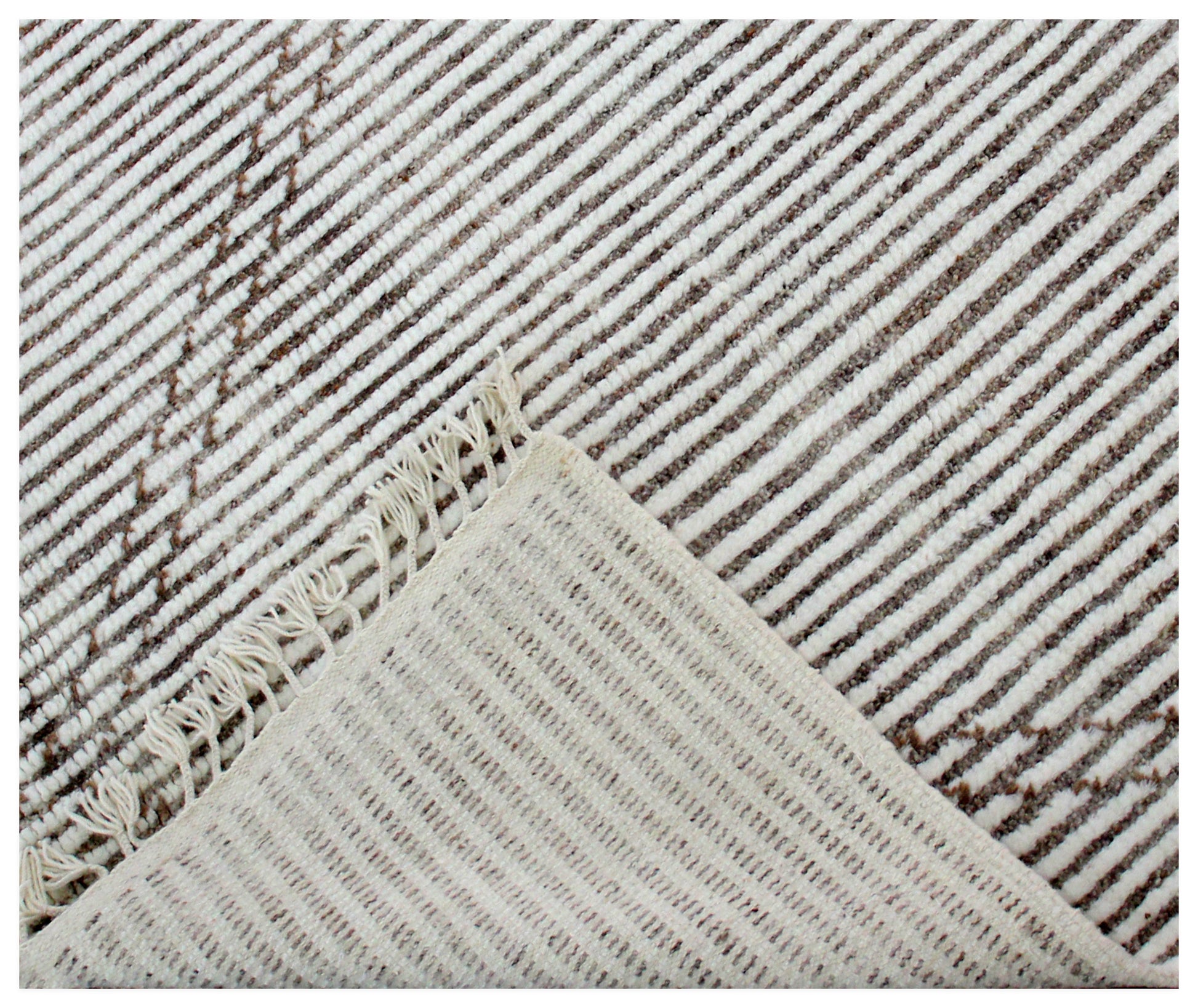 Hand Knotted Ivory Brown Horizontal Modern Striped Rug - Hand Carved Texture 5x8.6 