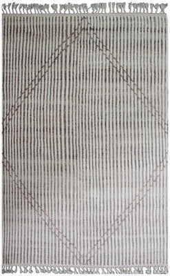 Hand Knotted Ivory Brown Horizontal Modern Striped Rug - Hand Carved Texture 5x8.6