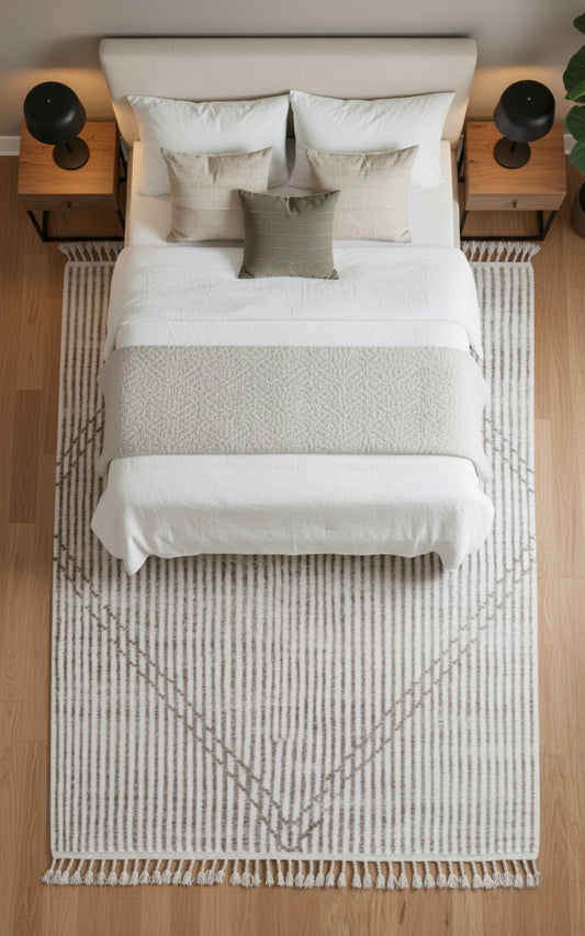 Hand Knotted Ivory Brown Horizontal Modern Striped Rug - Hand Carved Texture 5x8.6