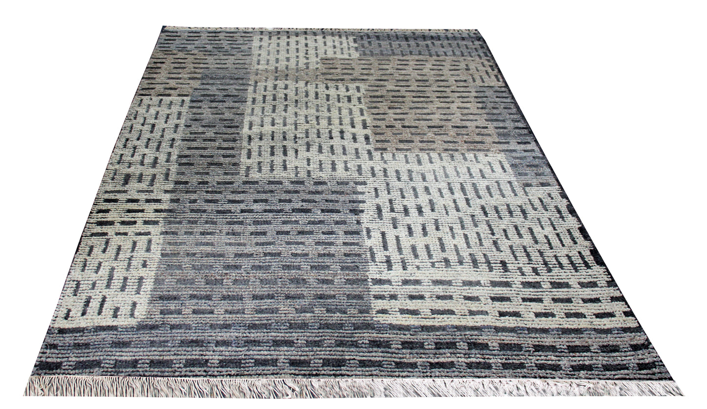 Hand Knotted Ivory Charcoal Gray Striped Rug - Textured Area Rug 5.6x8 