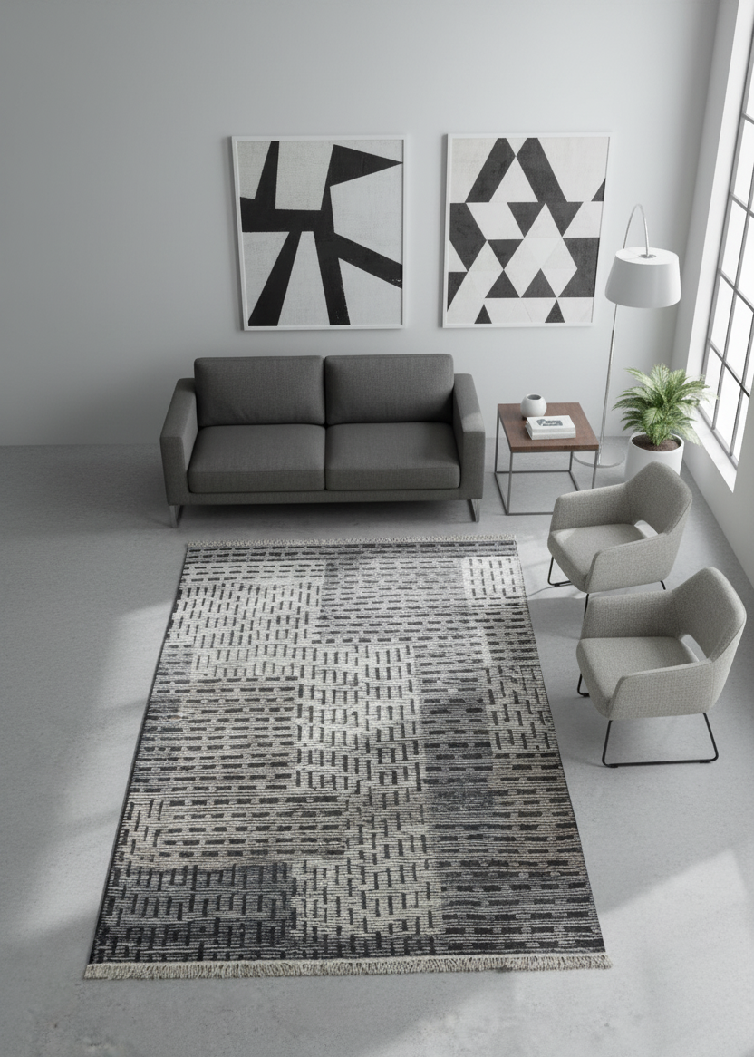 Hand Knotted Ivory Charcoal Gray Striped Rug - Textured Area Rug 5.6x8 