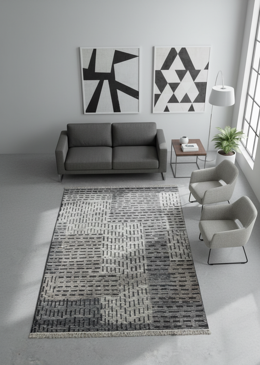 Hand Knotted Ivory Charcoal Gray Striped Rug - Textured Area Rug 5.6x8