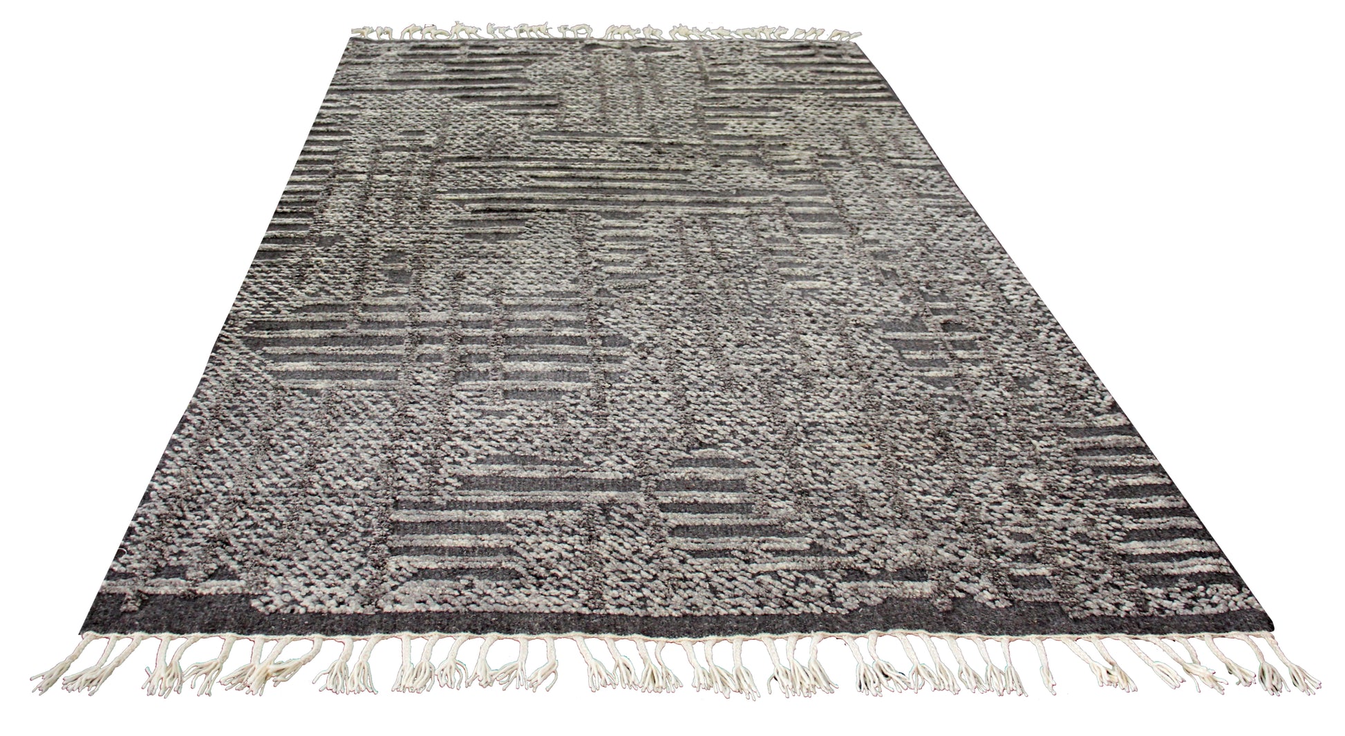 Hand Knotted Ivory Charcoal Striped Rug - Hand Carved Texture 5.6x8 Feet 