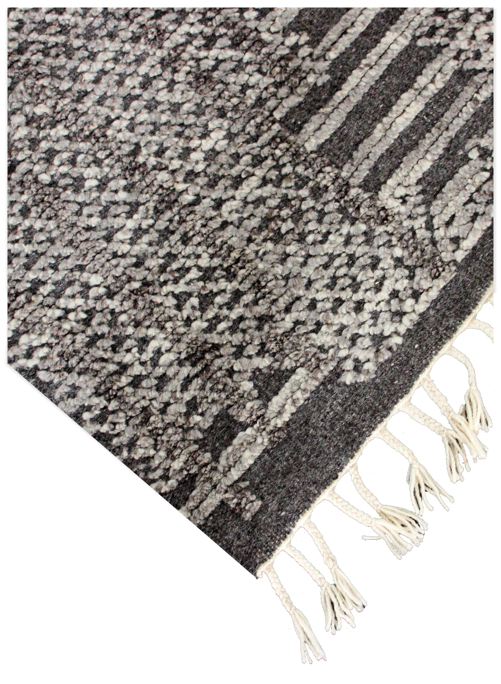 Hand Knotted Ivory Charcoal Striped Rug - Hand Carved Texture 5.6x8 Feet 