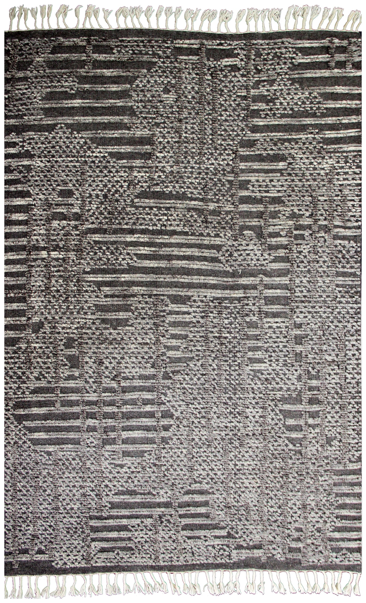 Hand Knotted Ivory Charcoal Striped Rug - Hand Carved Texture 5.6x8 Feet 