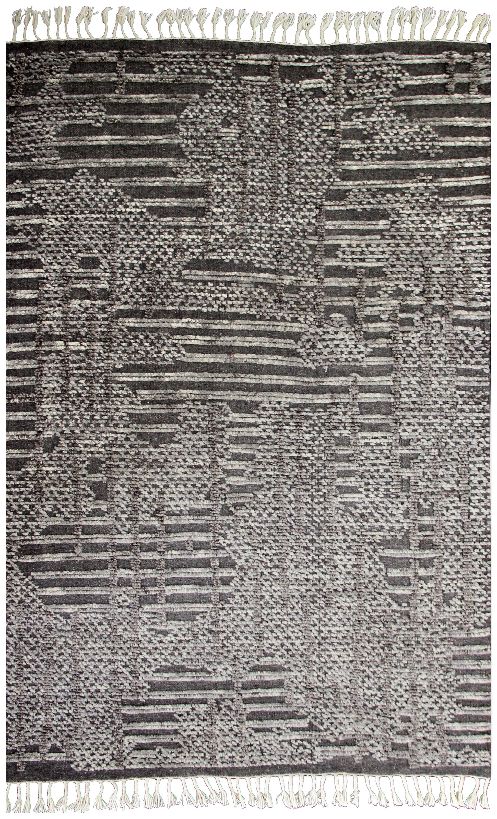 Hand Knotted Ivory Charcoal Striped Rug - Hand Carved Texture 5.6x8 Feet 