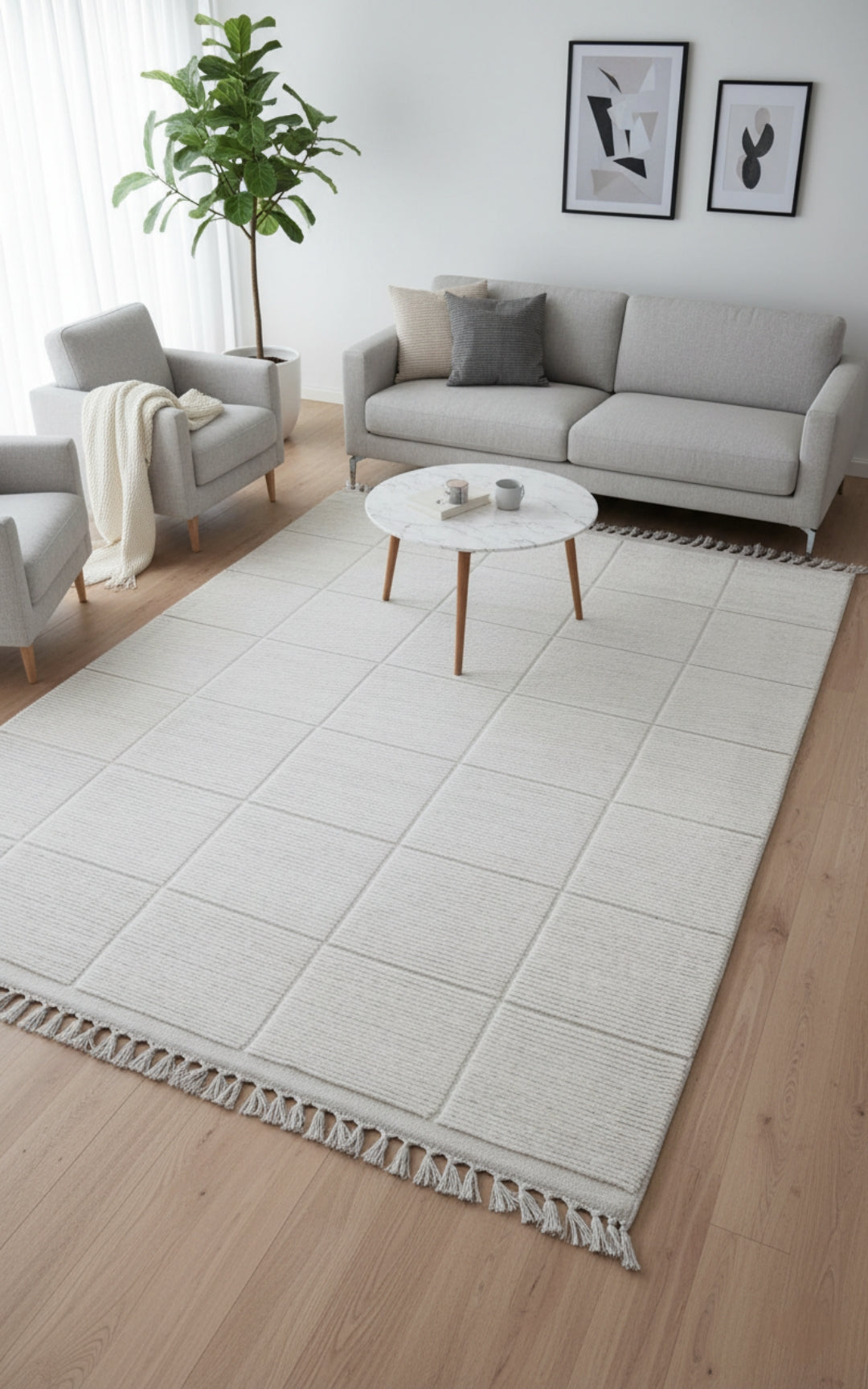 Hand Knotted Ivory Geometrical Striped Rug - Hand Carved Texture 6x9 Feet 