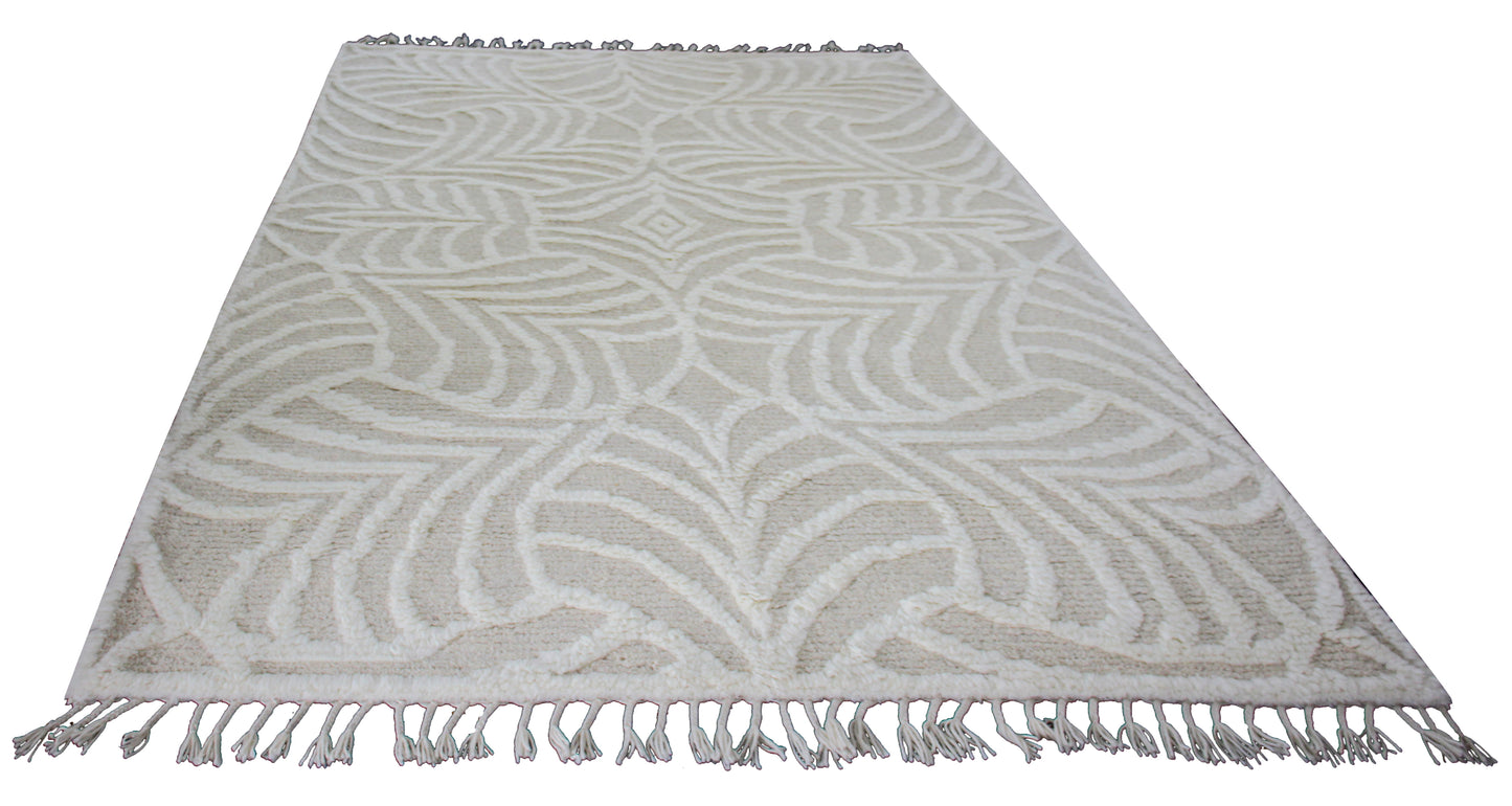 Hand Knotted Ivory Geometrical Swirl Rug - Hand Carved Texture 5.6x8 Feet 