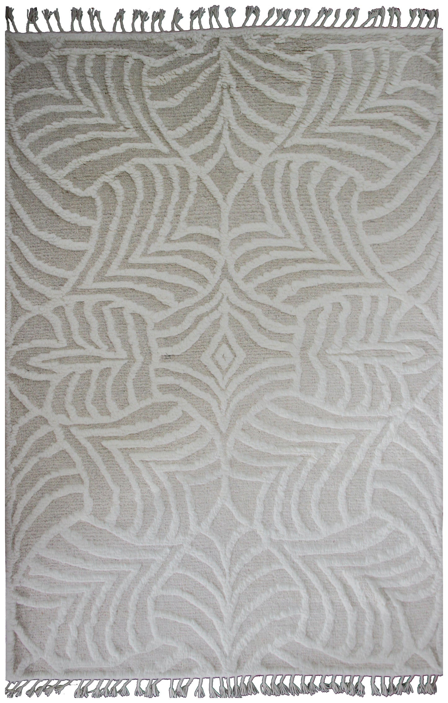 Hand Knotted Ivory Geometrical Swirl Rug - Hand Carved Texture 5.6x8 Feet 