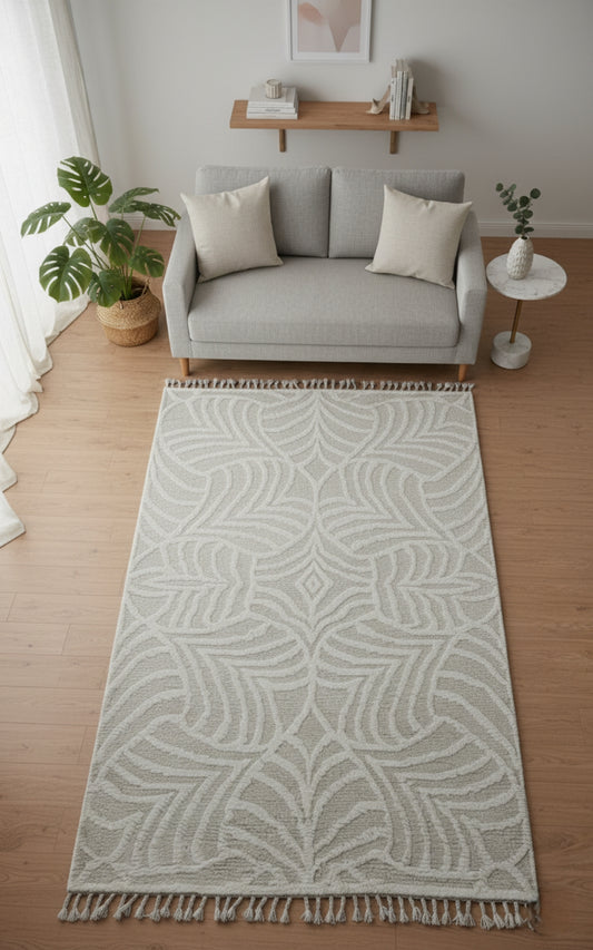 Hand Knotted Ivory Geometrical Swirl Rug - Hand Carved Texture 5.6x8 Feet