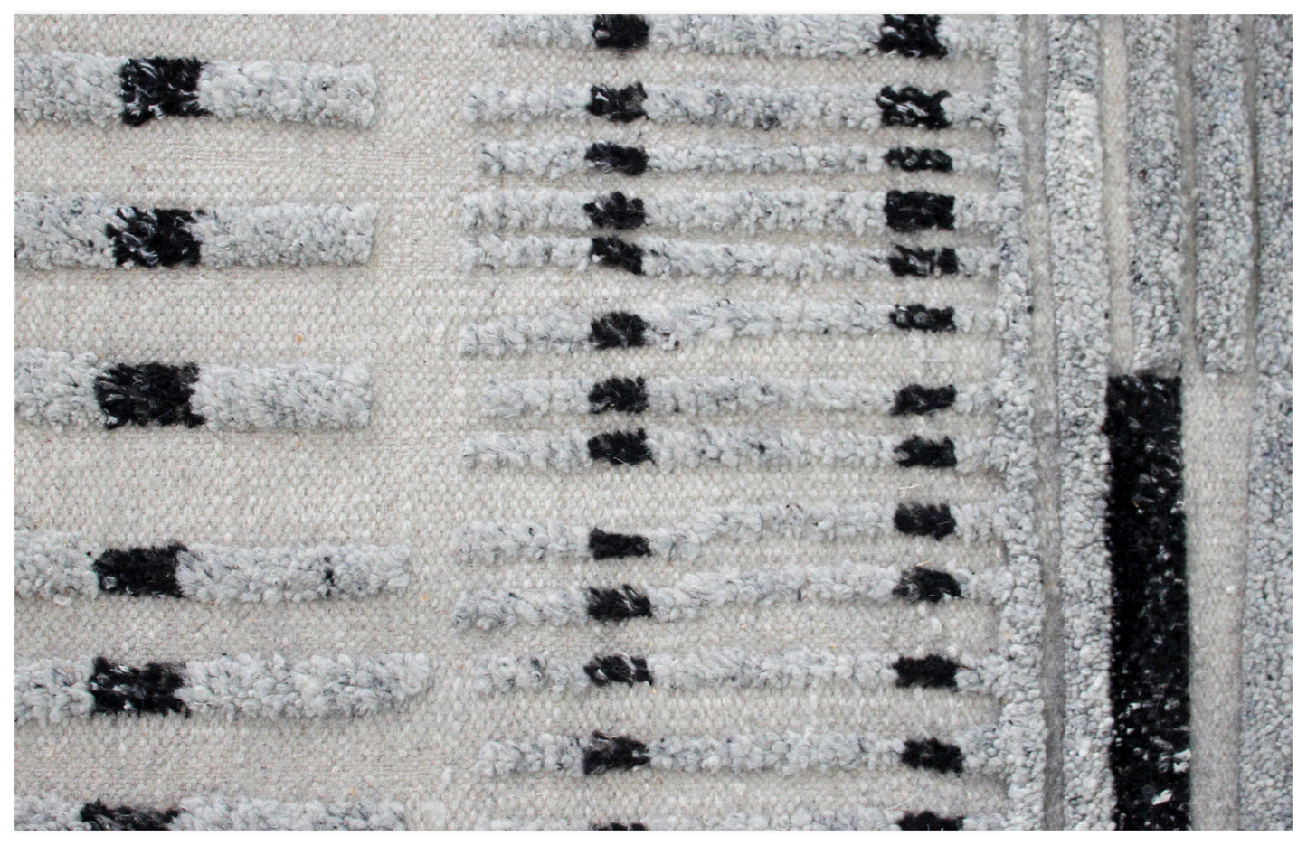 Hand Knotted Ivory Gray Black modern Geometric stripes Rug - Hand Carved Texture 5.6x8.6 