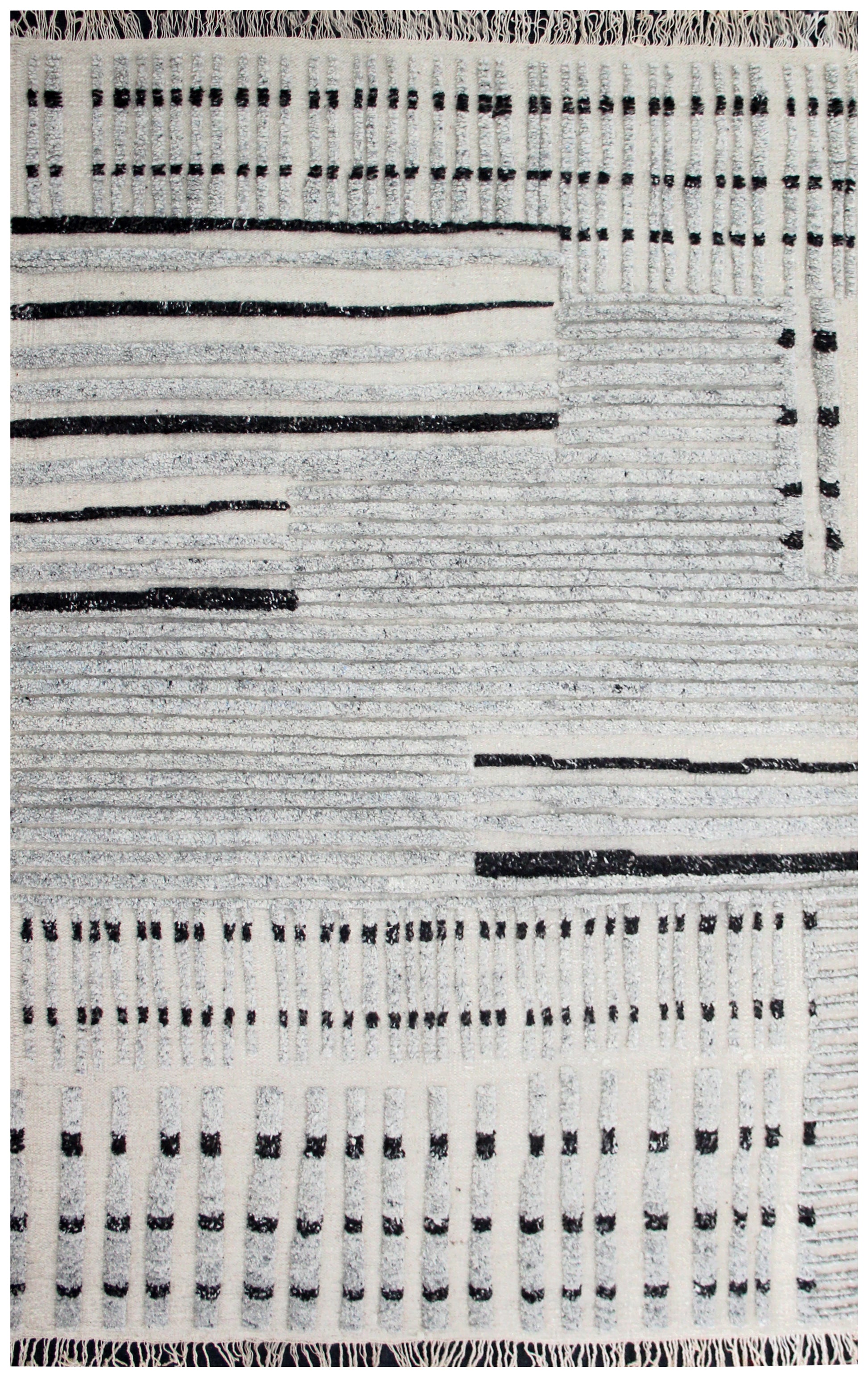 Hand Knotted Ivory Gray Black modern Geometric stripes Rug - Hand Carved Texture 5.6x8.6 