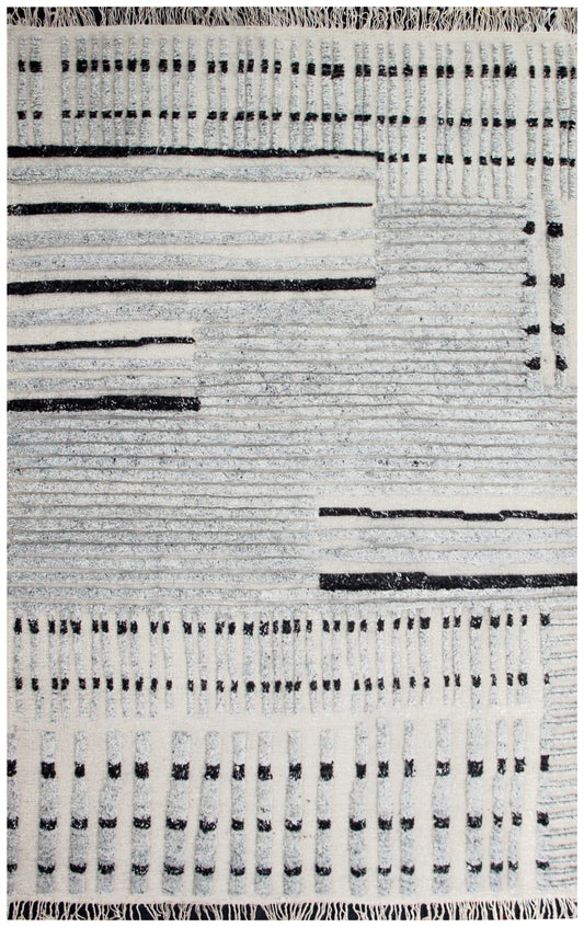 Hand Knotted Ivory Gray Black modern Geometric stripes Rug - Hand Carved Texture 5.6x8.6 